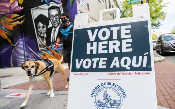 A sign is seen during early voting for the June 2 primary outside the Prince Hall Masonic Temple in Ward 1 in Washington, D.C., May 26. (CQ Roll Call/Tom Williams)