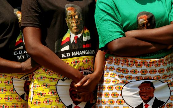 Supporters of Zimbabwe President Emmerson Mnangagwa are seen during the opening of a new Parliament building in Harare Oct. 1. (Newscom/Reuters/Philimon Bulawayo)