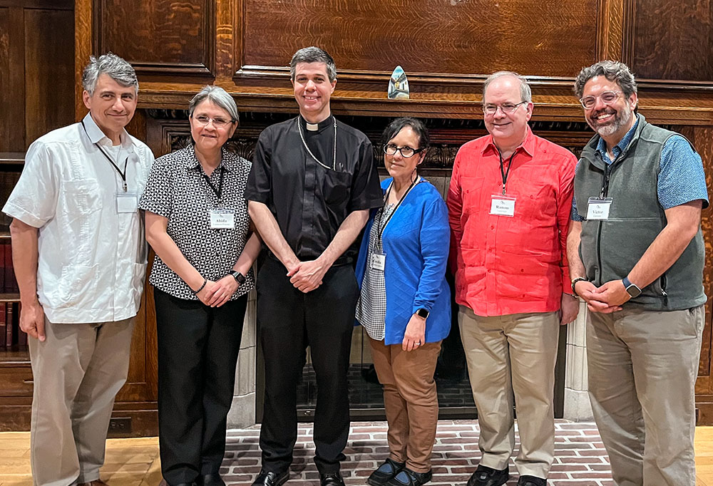 From left: Peter Casarella, professor at Duke University; Ahida (Calderón) Pilarski, president of the Academy of Catholic Hispanic Theologians of the United States and professor at St. Anselm College; Auxiliary Bishop Cristiano Barbosa of Boston; Cecilia González-Andrieu, president-elect of the academy and professor at Loyola Marymount University; Ramón Luzárraga, past-president of the academy and professor at St. Martin's University; and Victor Carmona, professor at the University of San Diego