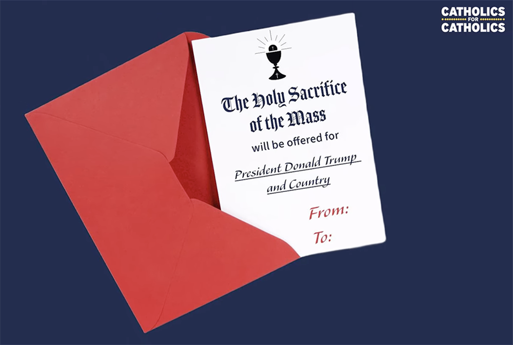 A screenshot of an illustration of a Catholics for Catholics Mass card for Donald Trump. (NCR screenshot/YouTube)