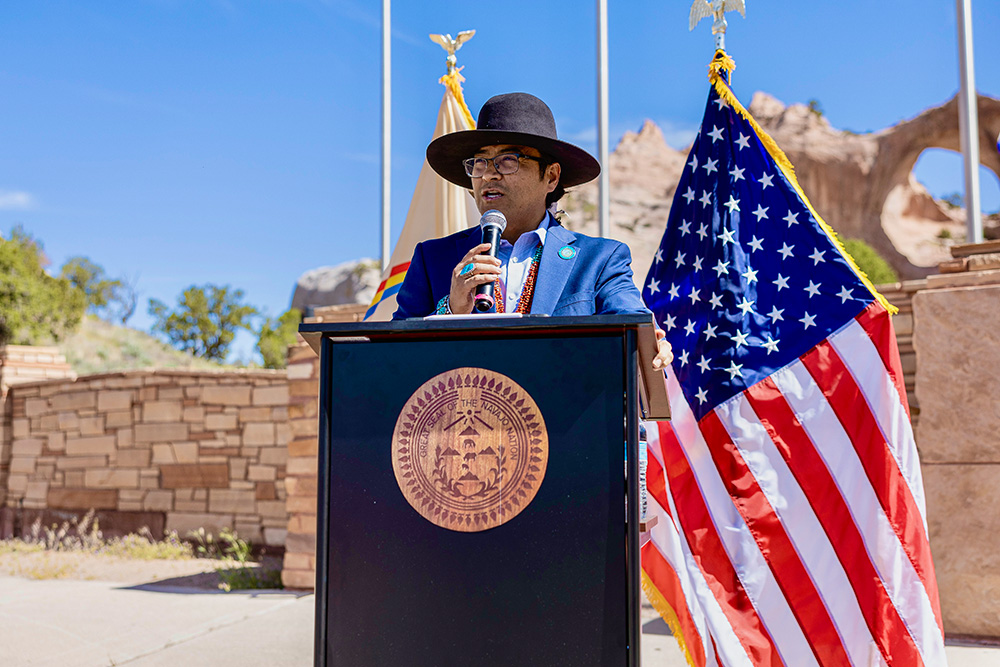 Navajo Nation President Buu Nygren speaks at the Navajo Nation Veterans Memorial Park in Window Rock, Arizona, where he signed legislation approving a water rights settlement for the Colorado River this May. "This apology by the Catholic bishops is welcomed, although sad," said Nygren. "It is sad to think that the people our grandparents, great-grandparents and the people who came before them placed their trust in left them with lifelong scars. We now know that trauma is generational."