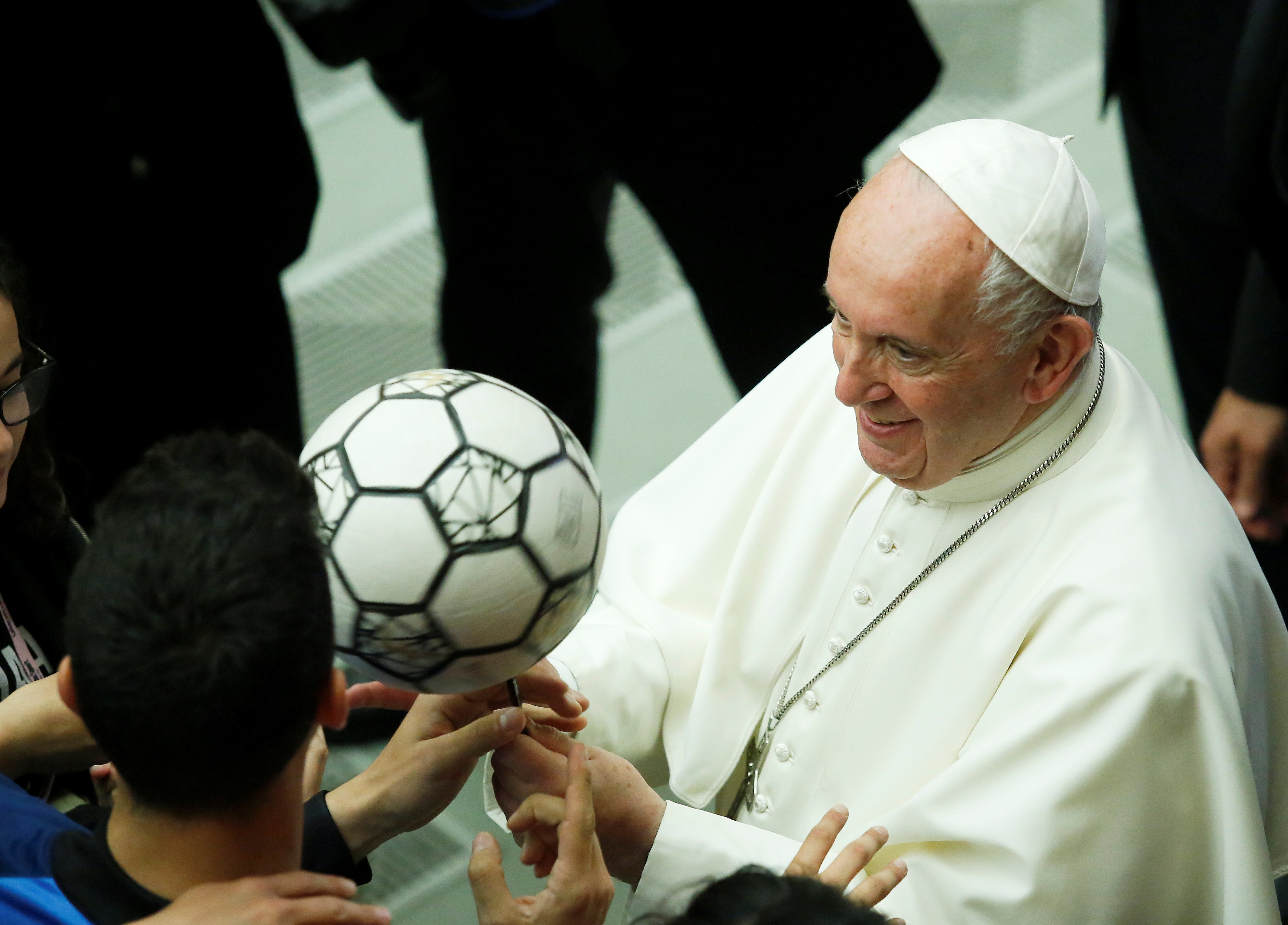 Pope Francis gestures as he participates alongside thousands of young soccer athletes in a project to promote the values of sport and soccer May 24, 2019, at the Vatican. (CNS/RNS/Remo Casilli)