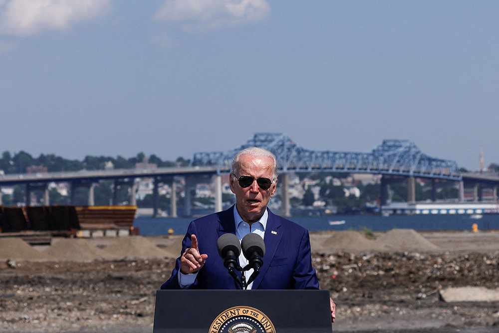 President Joe Biden delivers remarks on climate change and renewable energy at the site of the former Brayton Point Power Station in Somerset, Massachusetts, July 20, 2022. (CNS/Reuters/Jonathan Ernst)