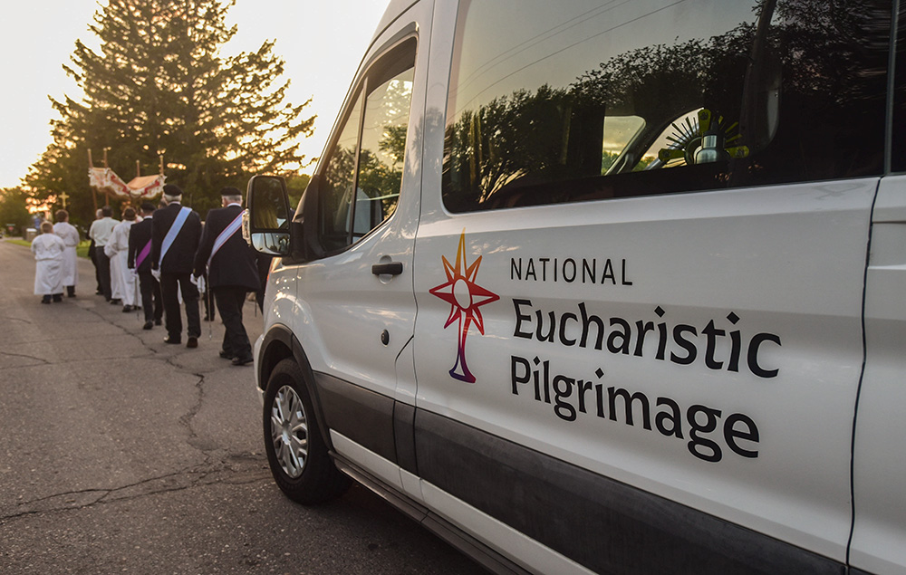 The National Eucharistic Pilgrimage arrived in the Diocese of St. Cloud, Minnesota, May 22. The second stop included a procession around the block in front of Sts. Peter and Paul Church in Gilman. (OSV News/The Central Minnesota Catholic/Dianne Towalski)