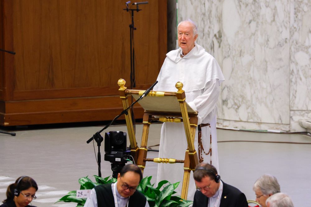 Dominican Father Timothy Radcliffe, spiritual adviser to the assembly of the Synod of Bishops, addresses the gathering in the Vatican's Paul VI Audience Hall Oct. 23, 2023. 