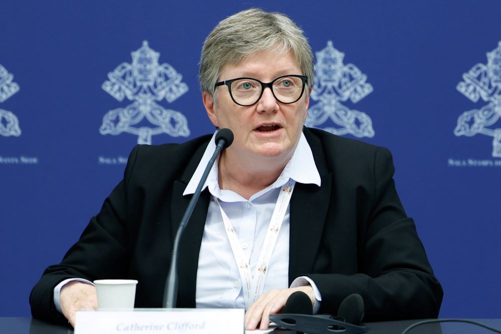 Catherine Clifford, professor of theology at St. Paul University in Ottawa, speaks during a briefing about the assembly of the Synod of Bishops at the Vatican Oct. 26, 2023. (CNS/Lola Gomez)