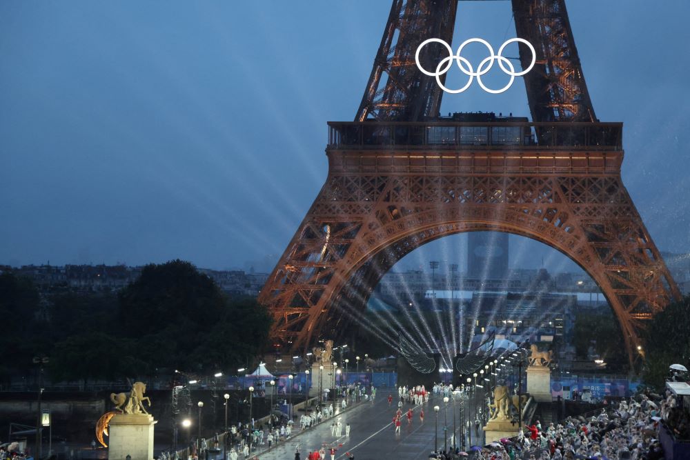 The Eiffel Tower is seen July 26 during the opening ceremony of the Paris 2024 Olympic Games. 