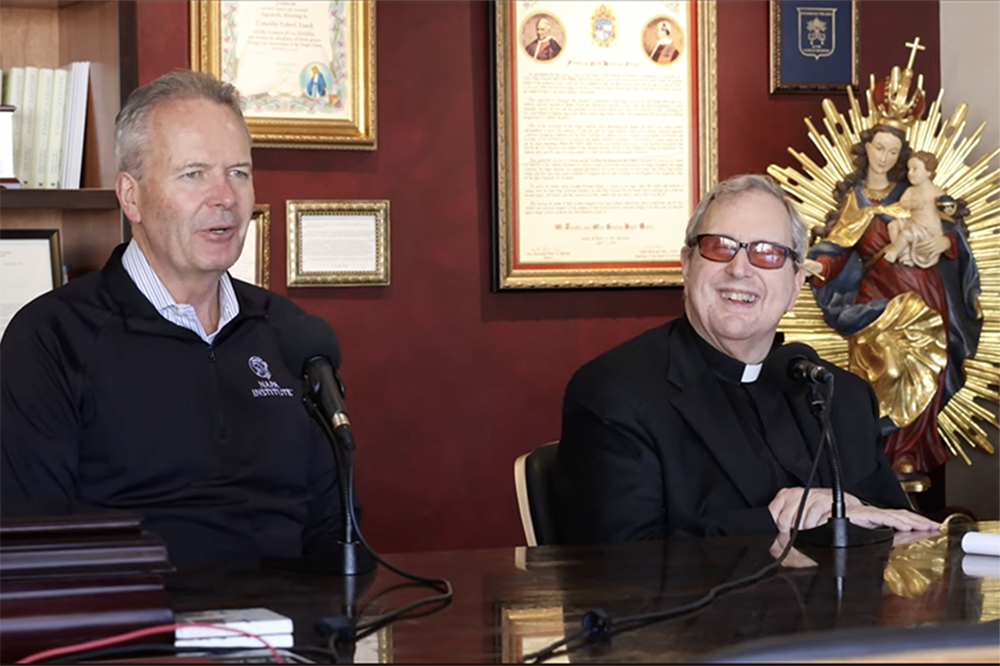 Napa Institute board chairman and cofounder Tim Busch, left, speaks with Napa Institute president and cofounder Jesuit Fr. Robert Spitzer on Napa Institute podcast titled "In Vino Veritas."