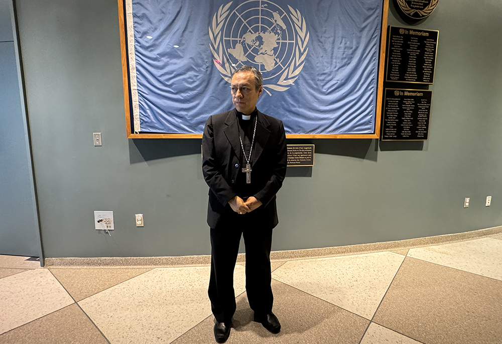 Auxiliary Bishop Lizardo Estrada Herrera of Cuzco, Peru, general for the Latin American bishops' council, waits in between meetings at the United Nations July 9 in New York City. (NCR photo/Rhina Guidos)