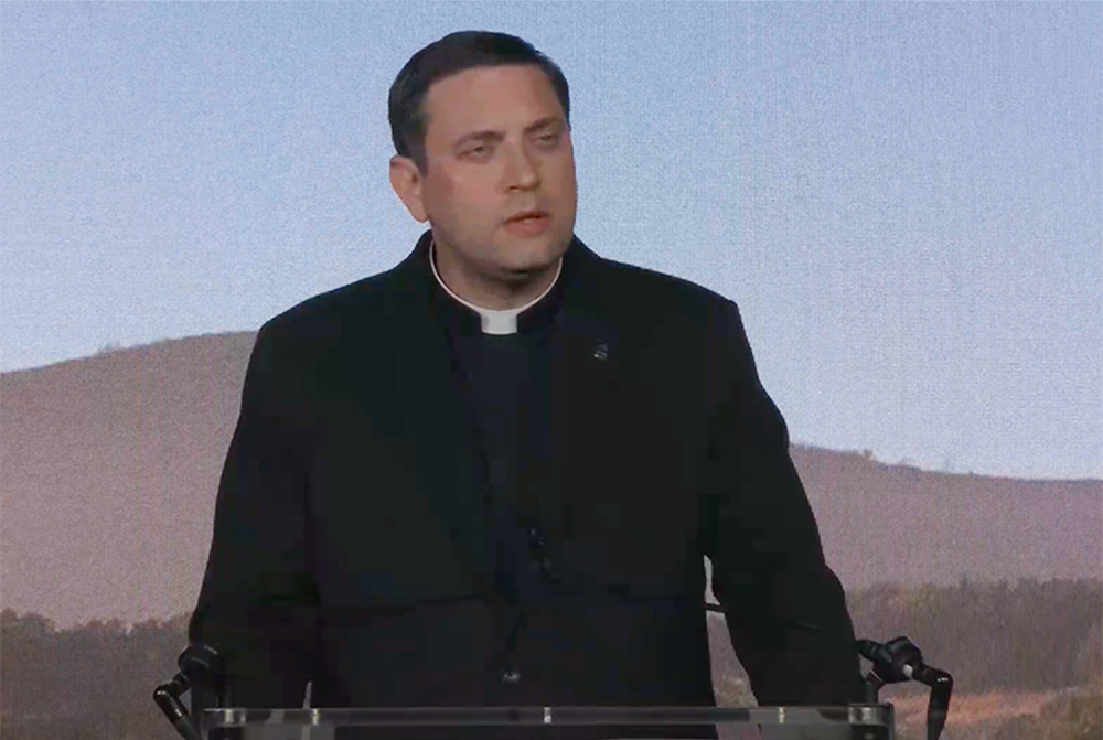 Msgr. James Patrick Shea, president of the University of Mary in North Dakota, speaks at the Napa Institute's 14th annual summer conference (NCR screenshot)