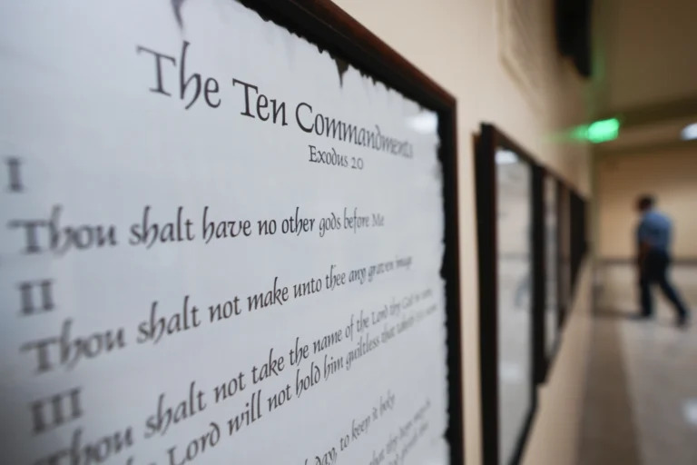 Ten Commandments written on plaque hanging on wall. 