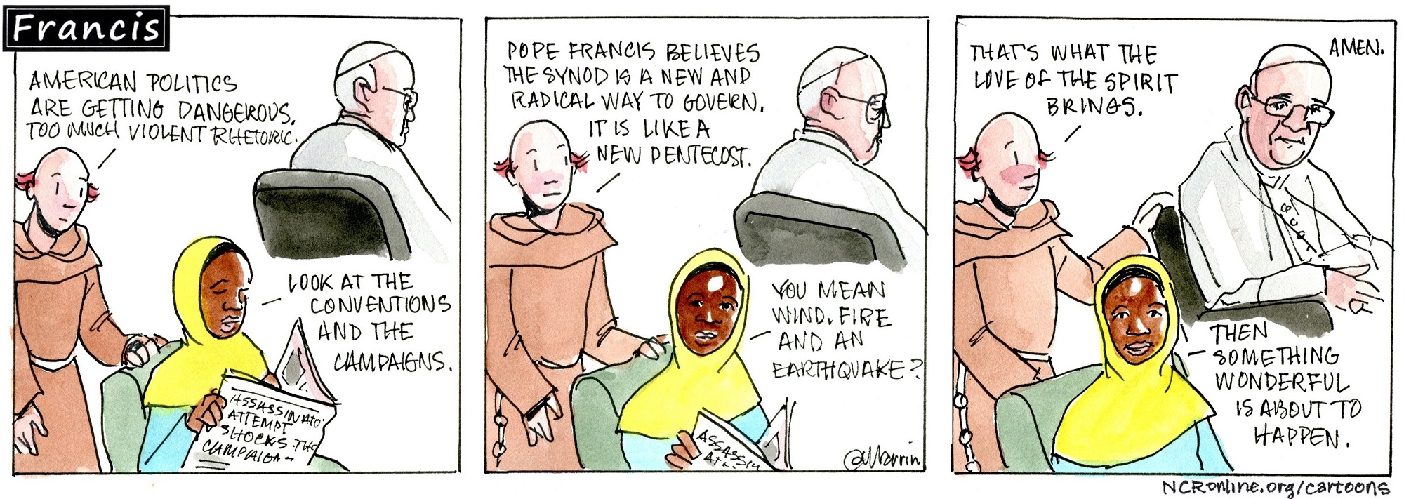 Francis, the comic strip: American politics are getting dangerous. Yet Francis believes the synod is a new and radical way to govern.