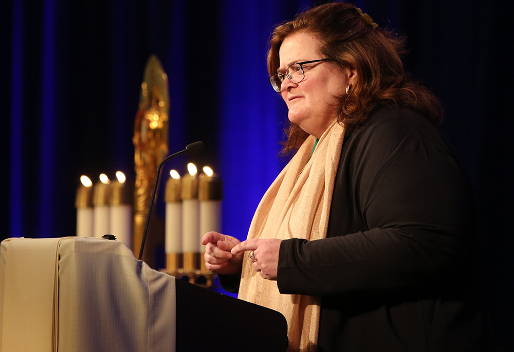 Abuse survivor Teresa Pitt Green of Spirit Fire speaks to U.S. bishops Nov. 12, 2018, at the fall general assembly of the U.S. Conference of Catholic Bishops in Baltimore. (OSV News/CNS file, Bob Roller)