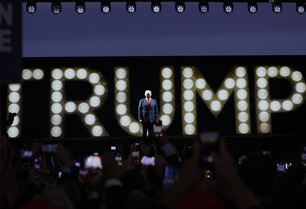Republican presidential nominee and former U.S. President Donald Trump takes the stage to deliver his acceptance speech July 18, on the fourth and final day of the Republican National Convention at the Fiserv Forum in Milwaukee. (OSV News/Reuters/Evelyn Hockstein)