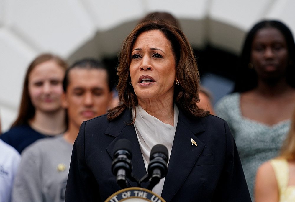 Vice President Kamala Harris delivers remarks to the National Collegiate Athletic Association champion teams in her first public appearance since President Joe Biden dropped out of the 2024 race, on the South Lawn of the White House July 22 in Washington. (OSV News/Reuters/Nathan Howard)
