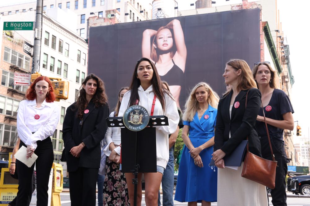 Ambra Battilana Gutierrez speaks at a press conference in New York