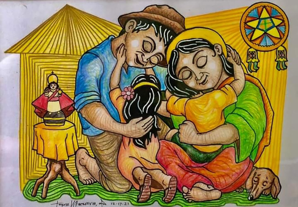 "Pasko ng Pamilyang Pilipino" ("Christmas of Filipino Family") 8"x 11.5" ink on paper by Franciscan Br. Christopher Villanueva, 2021 (Courtesy of Order of Friars Minor)