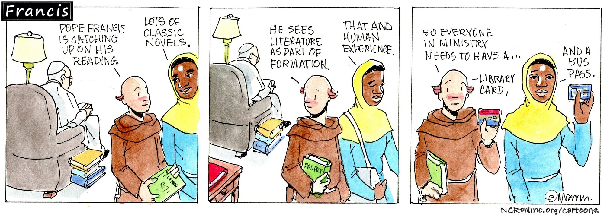 Francis, the comic strip: Francis catches up on his reading.