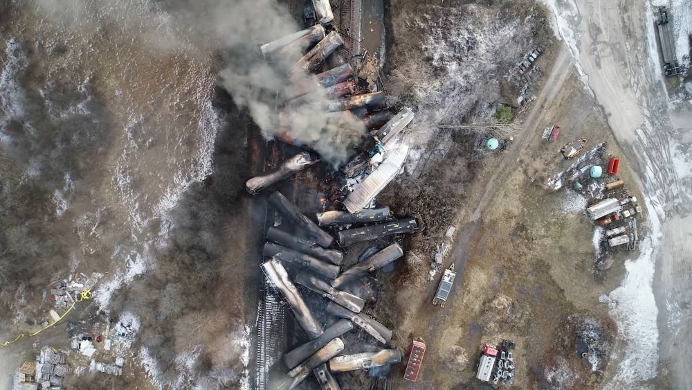 Drone footage taken Feb. 6, 2023, shows the freight train derailment in East Palestine, Ohio, that spilled toxic chemicals.