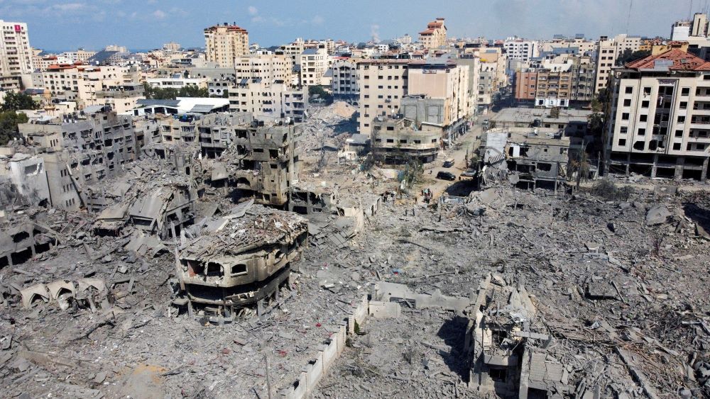 Buildings destroyed by Israeli airstrikes are seen in Gaza City Oct. 10, 2023. Israel launched airstrikes on the Gaza Strip in retaliation for the Oct. 7 assault by Hamas. 