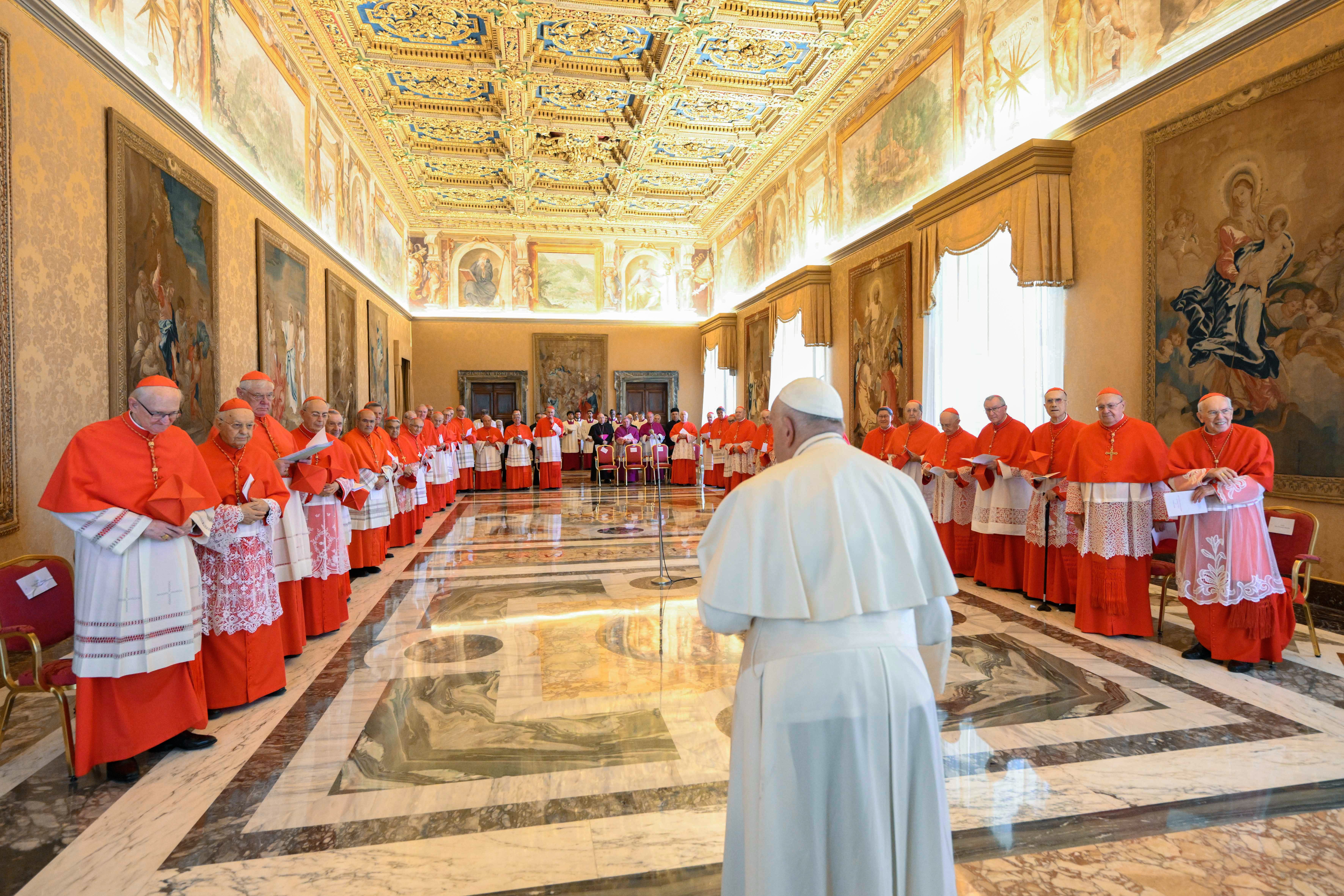 Pope Francis holds a consistory at the Vatican July 1, 2024, with cardinals living in Rome to approve the canonization of several sainthood candidates. The pope announced the date for the canonizations will be Oct. 20 for everyone except Blessed Carlo Acutis, whose canonization date is yet to be determined. (CNS photo/Vatican Media)