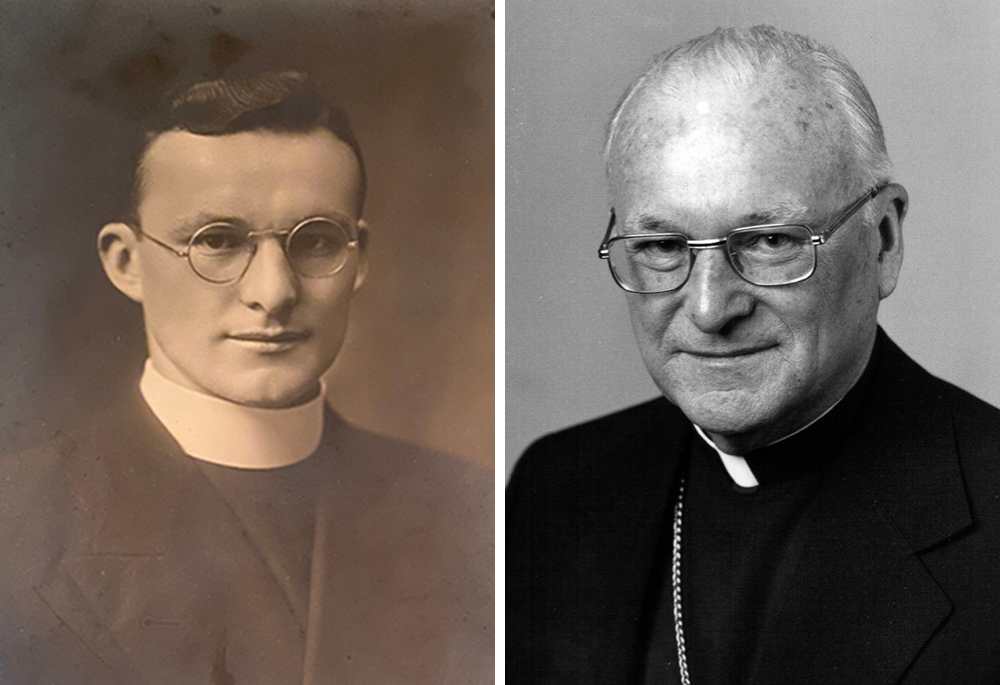 Bishop J. Carroll McCormick, left, is pictured in a portrait that he signed and gave to family members; at right, McCormick is pictured in a file photo. He headed the Diocese of Scranton, Pennsylvania, for 17 years and died Nov. 2, 1996, at age 88. (Courtesy of Stephanie Mansfield; CNS file/John Zierten)