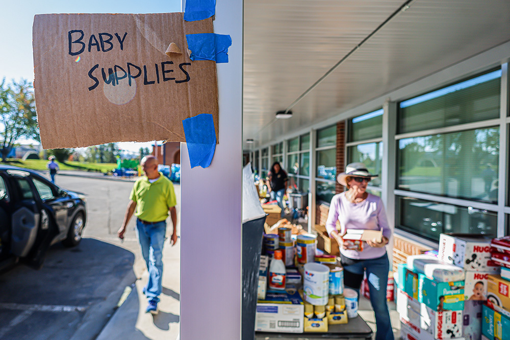 A Catholic Charities distribution center in the Diocese of Charlotte, North Carolina, following Hurricane Helene. Catholic Charities views procuring supplies and services in the wake of a disaster as an expression of the church teaching guiding its work. (Courtesy of Catholic Charities USA/Jeremy Mines)