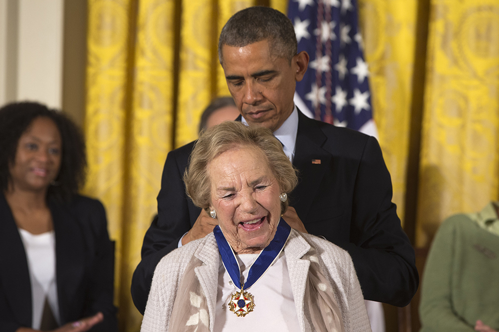 President Barack Obama awards Ethel Kennedy the Presidential Medal of Freedom, Monday, Nov. 24, 2014, during a ceremony in the East Room of the White House in Washington. (AP File/Jacquelyn Martin)