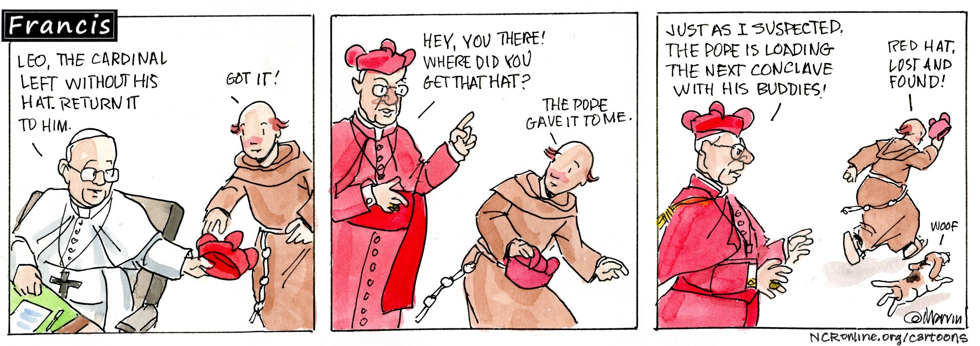 Francis, the comic strip: Brother Leo is given an important task involving a red hat.