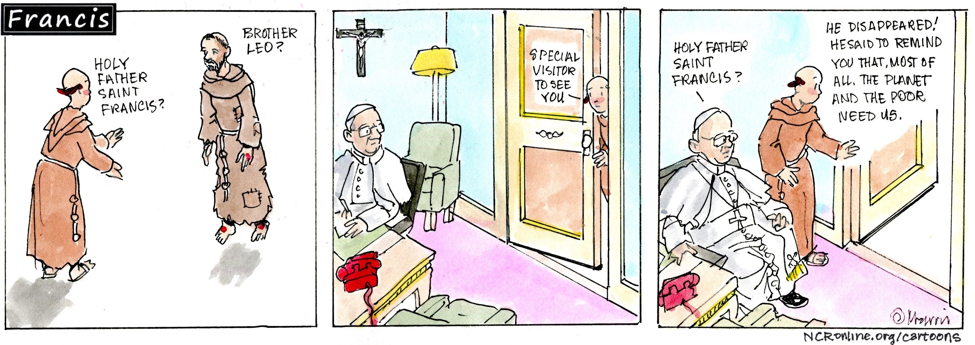 Francis, the comic strip: Brother Leo tries to introduce Francis to a special visitor.