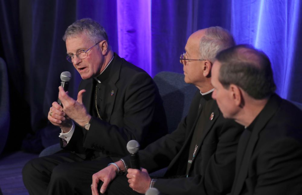 Archbishop Timothy Broglio speaks about immigration at USCCB press briefing. onference of Catholic Bishops, speaks during a news conference Nov. 12. In comments about immigration, he said, "our primary responsibility is to live the Gospel … If that comes into conflict with laws or even the force of the border, then we have to try and make the Gospel prevail." (OSV News/Bob Roller)