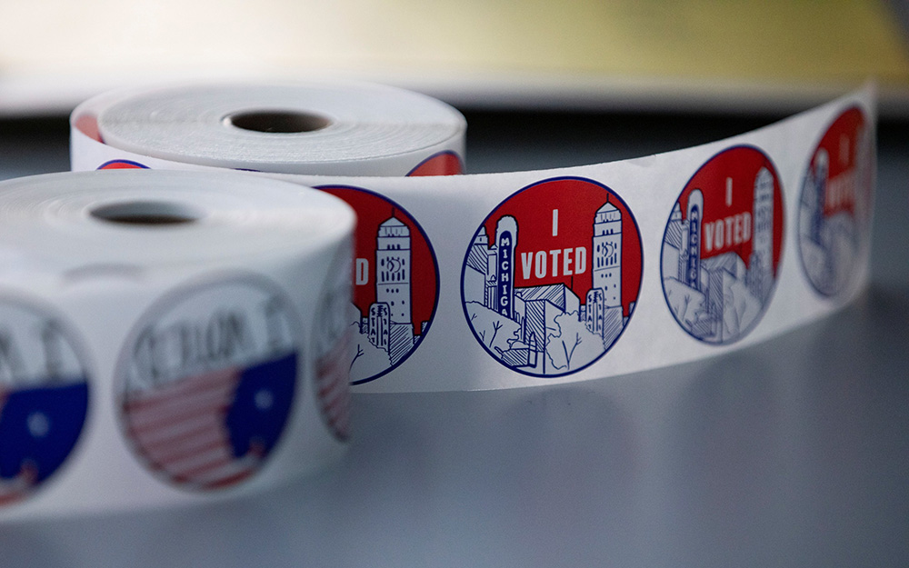 Michigan "I Voted" stickers are seen in Ann Arbor in 2020. (OSV News/Reuters/Emily Elconin)