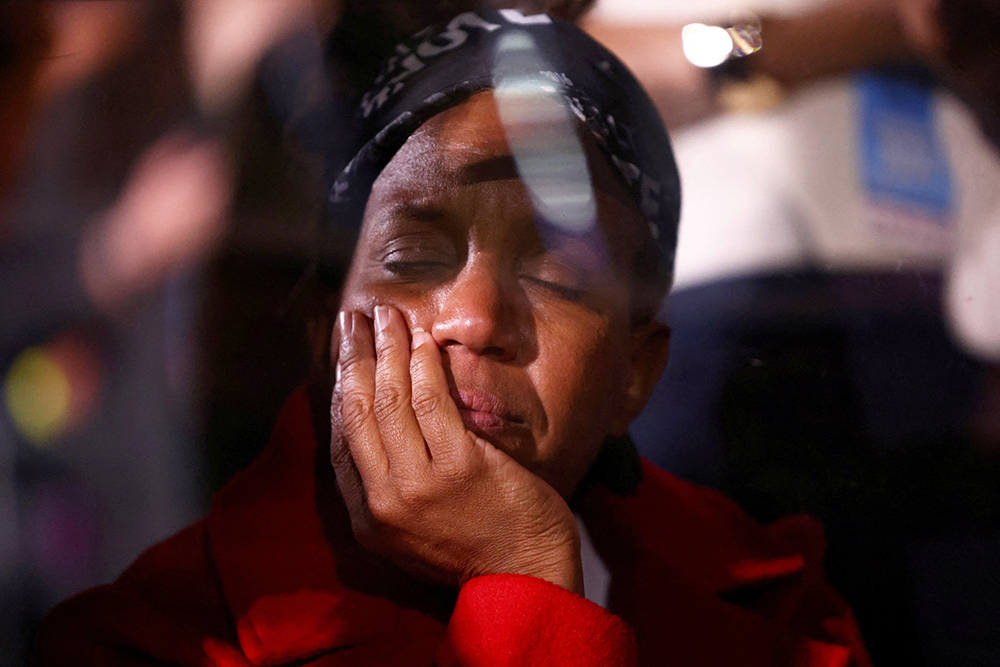 A supporter of Democratic presidential nominee U.S. Vice President Kamala Harris reacts to early election results at an Election Night rally at Howard University in Washington Nov. 6, 2024. (OSV News/Reuters/Daniel Cole)