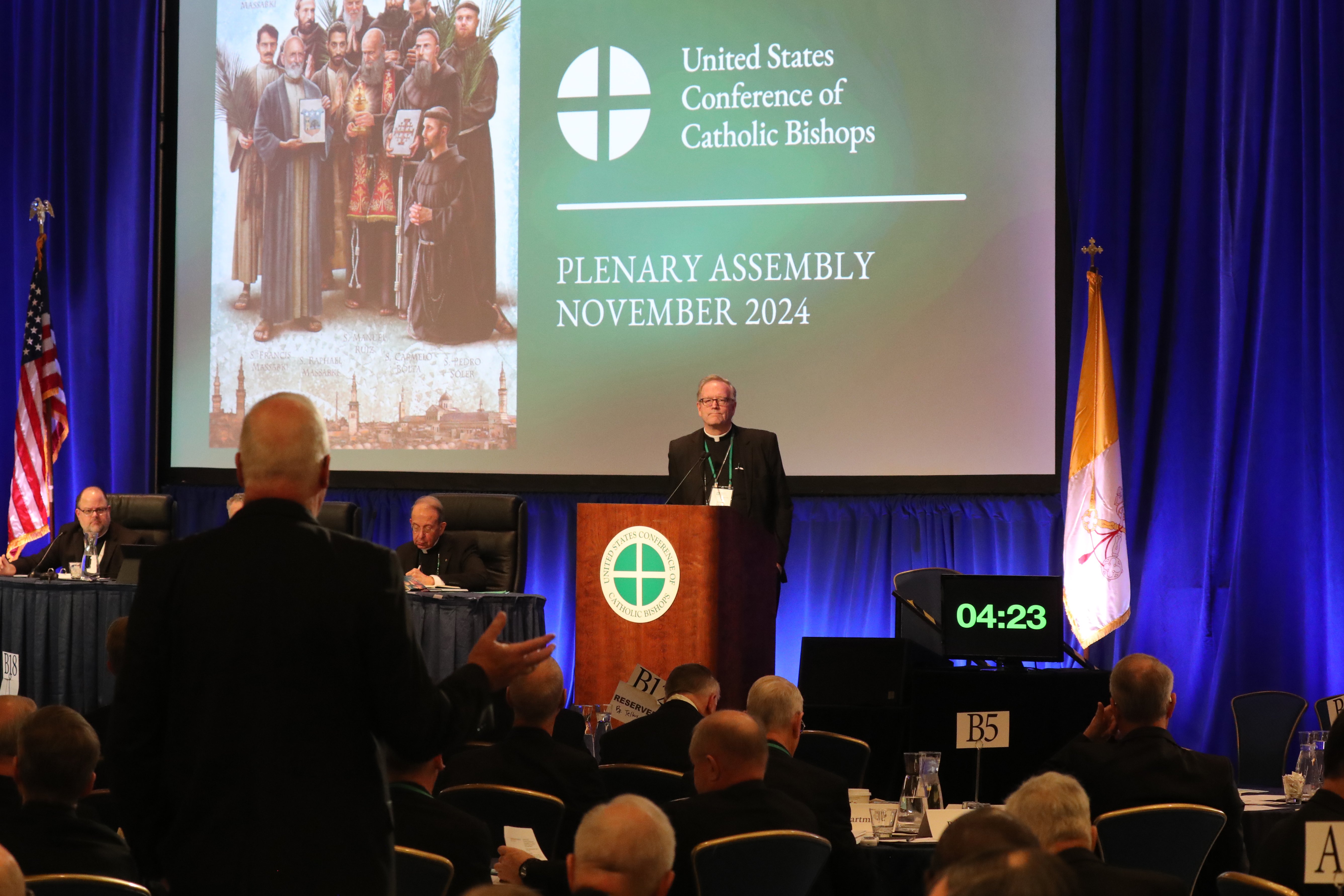 Bishop Robert Barron of Winona-Rochester, Minn., listens to a question from Archbishop Christopher Coyne of Hartford, Conn., during a Nov. 13, 2024, session of the fall general assembly of the U.S. Conference of Catholic Bishops in Baltimore. (OSV News/Bob Roller)