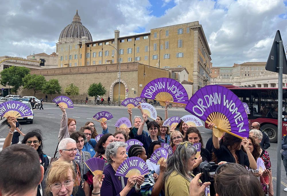 Women march to the Vatican Oct. 4 during the synod as part of a "Why Not Me?" protest organized by the Women’s Ordination Conference. (Courtesy of Women's Ordination Conference)