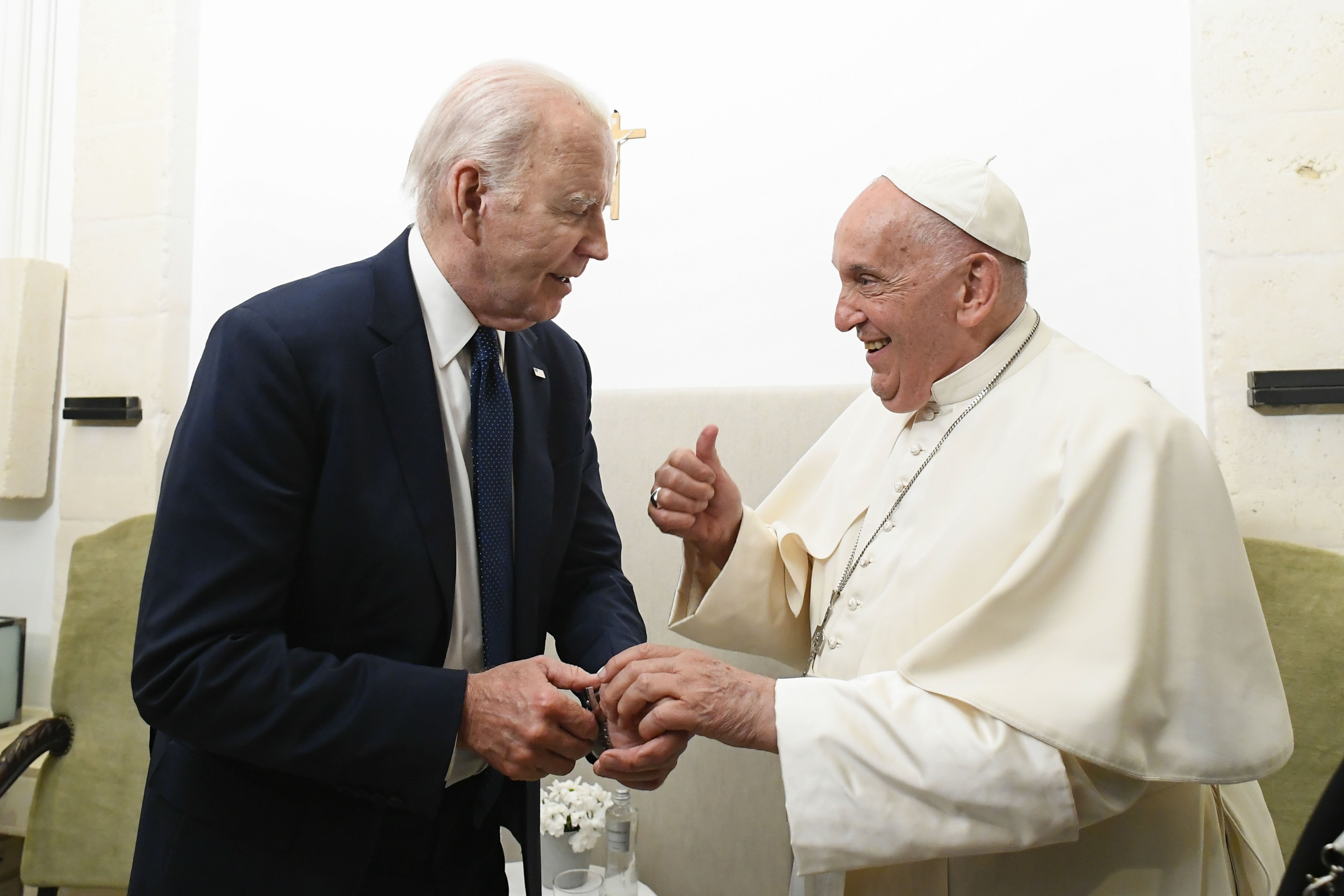   Pope Francis gives U.S. President Joe Biden a thumbs up during a private meeting on the margins of the Group of Seven summit in Borgo Egnazia, in Italy's southern Puglia region, June 14, 2024. (CNS photo/Vatican Media)