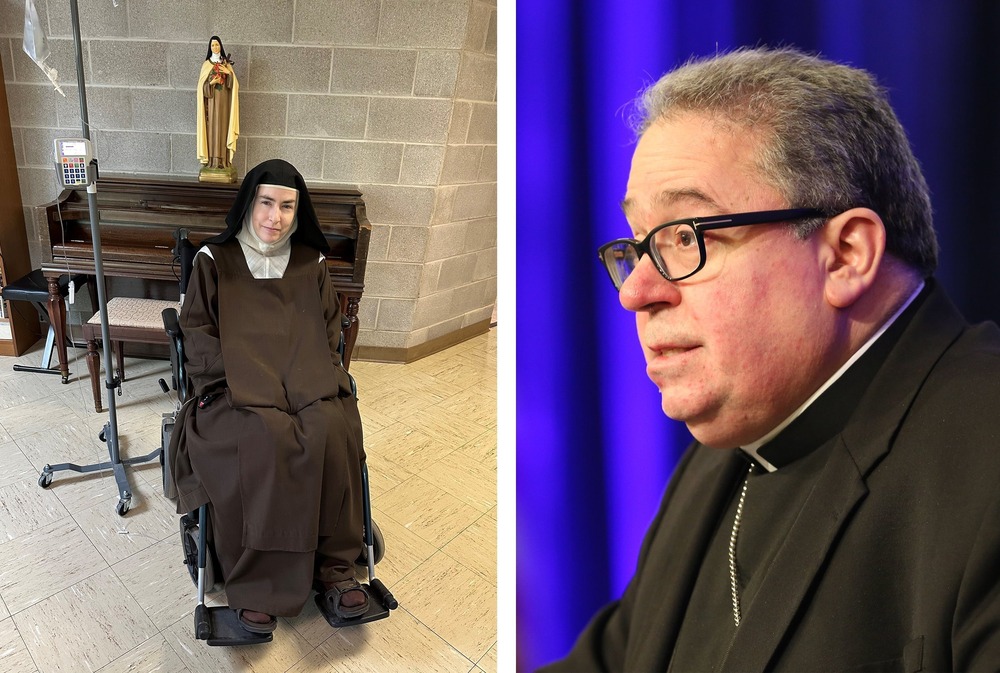 The former prioress habited sits in wheelchair, and the bishop is pictured in profile wearing plain black clerics.