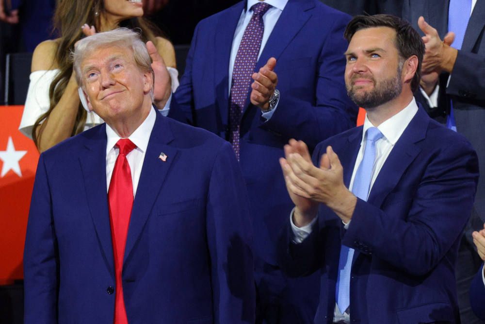 Republican presidential nominee and former U.S. President Donald Trump joins Republican vice presidential nominee Ohio Sen. JD Vance during Day 1 of the Republican National Convention at the Fiserv Forum in Milwaukee July 15, 2024. Trump was elected the 47th president of the United States Nov. 6. (OSV News photo/Brian Snyder, Reuters)