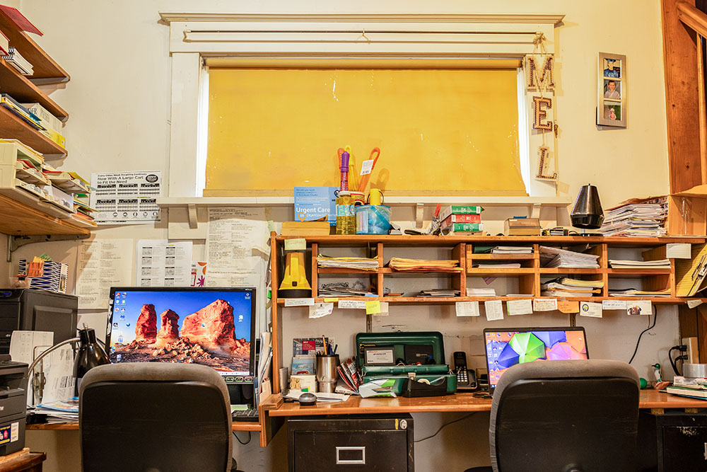 The work station in the Bemis Park house that Mel and Mary Ann Beckman have called home for decades. (Flatwater Free Press/Joseph Saaid)