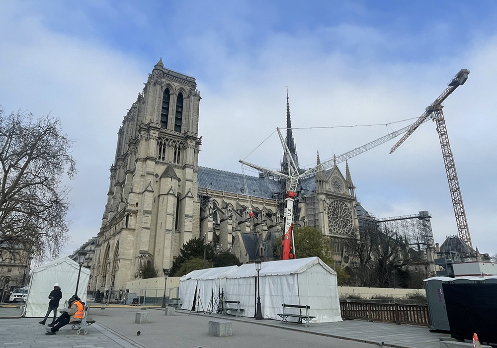 Notre Dame Cathedral is pictured Dec. 1 in Paris, still under construction ahead of its Dec. 8 inauguration Mass. The cathedral has been closed since the April 15, 2019, fire that nearly destroyed the 860-year-old landmark. (NCR photo/Christopher White)