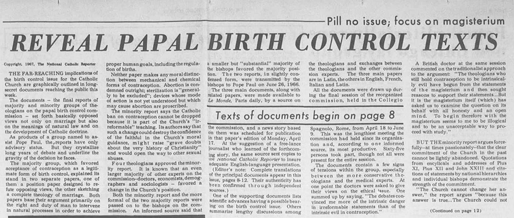 The article on the papal birth control texts appeared on Page 1 of the April 19, 1967, issue of the National Catholic Reporter. (NCR screenshot)