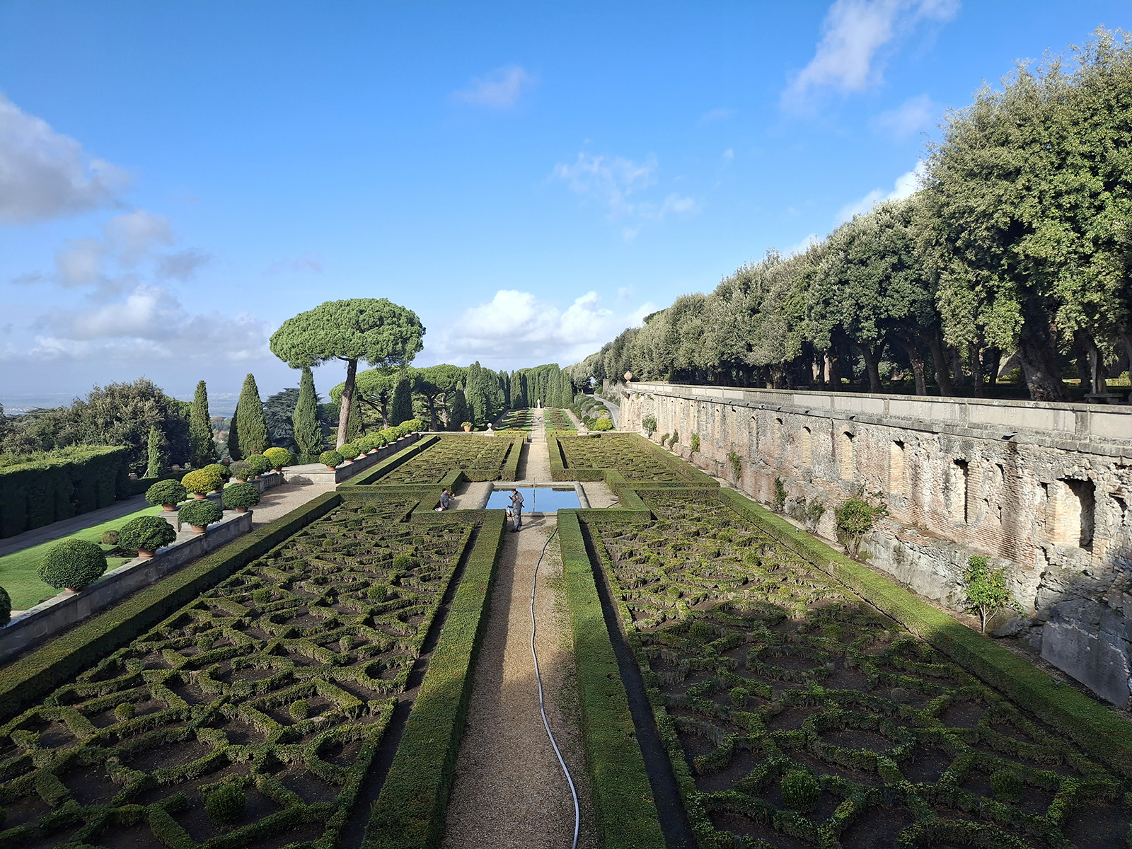 Aerial view of long topiary section. 