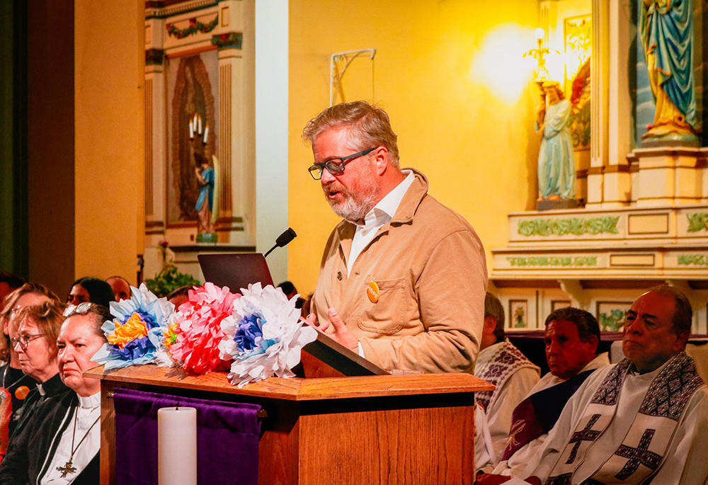 Hope Border Institute’s director, Dylan Corbett, talks to the community at Sacred Heart Church in El Paso, Texas, during the event “Do Not Be Afraid: March and Vigil for Human Dignity,” on March 21, 2024. The event called for respect for the human dignity of migrants. (OSV News/Courtesy of Hope Border Institute/Diego Adame)