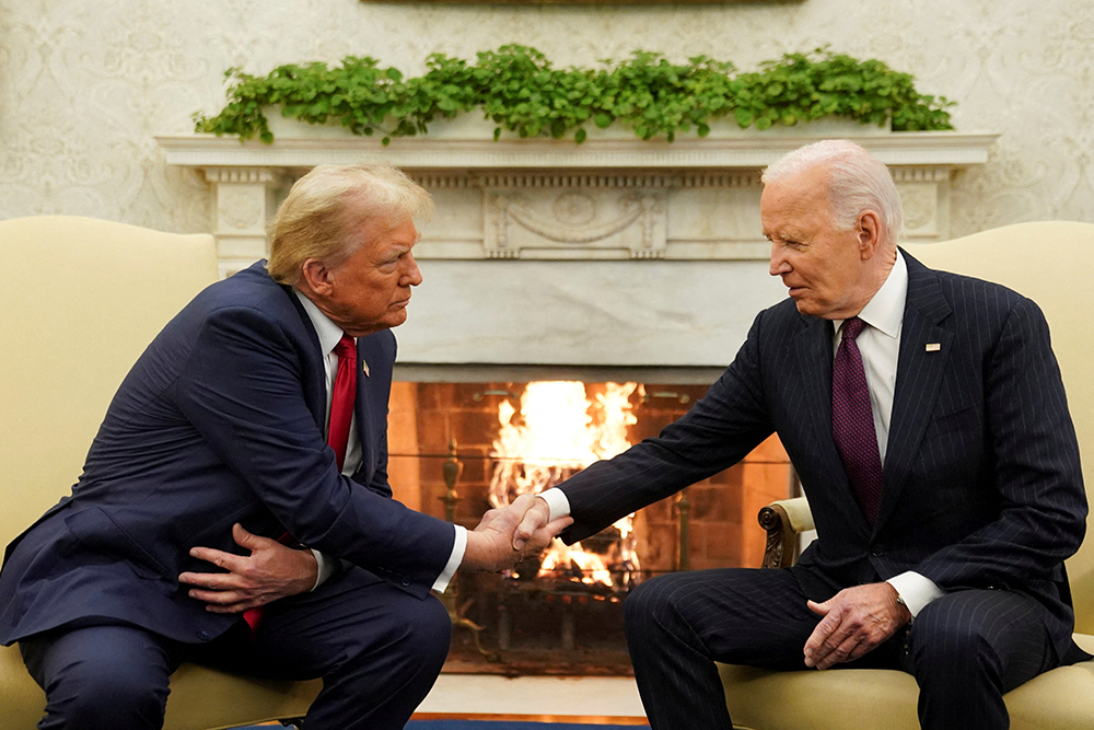 U.S. President Joe Biden meets with President-elect Donald Trump in the Oval Office at the White House in Washington Nov. 13, 2024. (OSV News/Reuters/Kevin Lamarque)