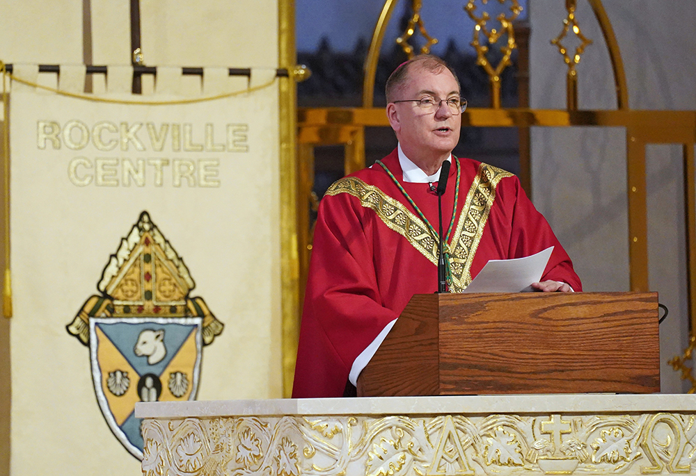 Bishop John Barres of Rockville Centre, New York, delivers the homily during Mass at St. Agnes Cathedral in Rockville Centre on June 29, 2020. A federal judge confirmed Dec. 4, 2024, a plan that resolves and ends the bankruptcy case for the Diocese of Rockville Centre, New York, with a total settlement amount at just over $323 million for abuse claimants. (OSV News/Gregory A. Shemitz)