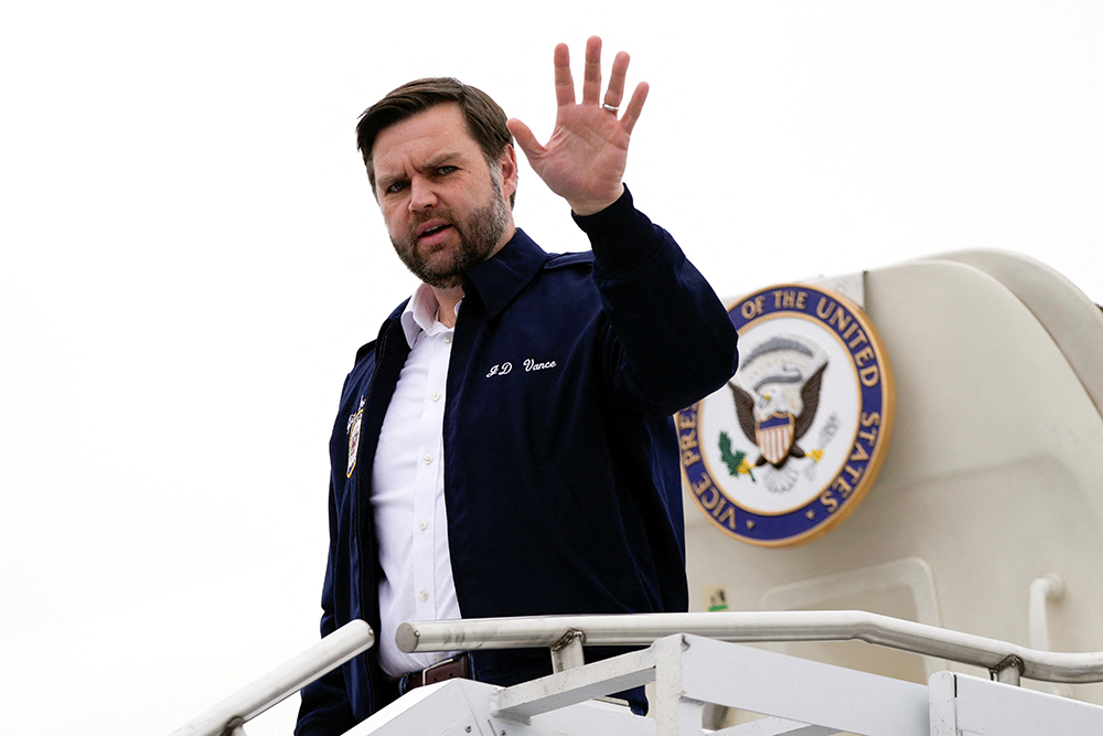 U.S. Vice President JD Vance walks from Air Force Two as he arrives at Tri-Cities Airport Jan. 27, 2025, in Blountville, Tennessee (Pool via Reuters/Ben Curtis)