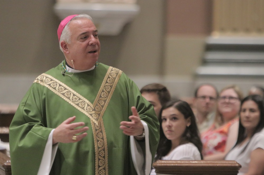 The archbishop vested for ordinary time speaks.