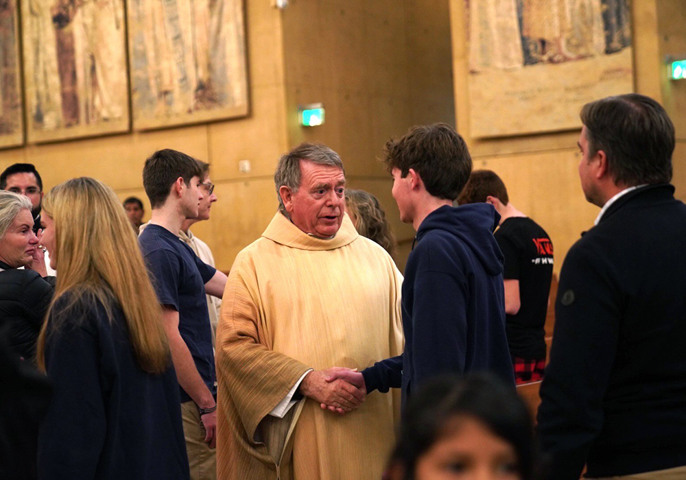 Msgr. Liam Kidney, pastor of Corpus Christi Catholic Church in Pacific Palisades, greets people following a Mass Jan. 9, celebrated by Los Angeles Archbishop José Gomez at the Cathedral of Our Lady of the Angels to pray for those affected by the fires raging through parts of Los Angeles County. Corpus Christi Catholic Church was destroyed in the fire. (OSV News/Courtesy of Archdiocese of Los Angeles/Isabel Cacho)