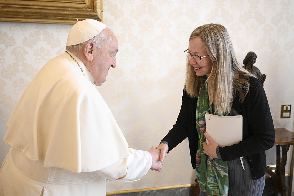 Pope Francis greets Lorna Gold, recently named new executive director of the Laudato Si Movement, during a private audience at the Vatican Jan 30, 2025. (OSV News photo/Vatican Media via CPP)