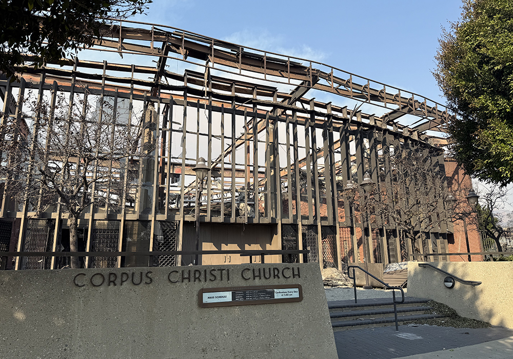 The skeletal remains of Corpus Christi Catholic Church in Pacific Palisades, in Los Angeles (​​Matt Skiba)